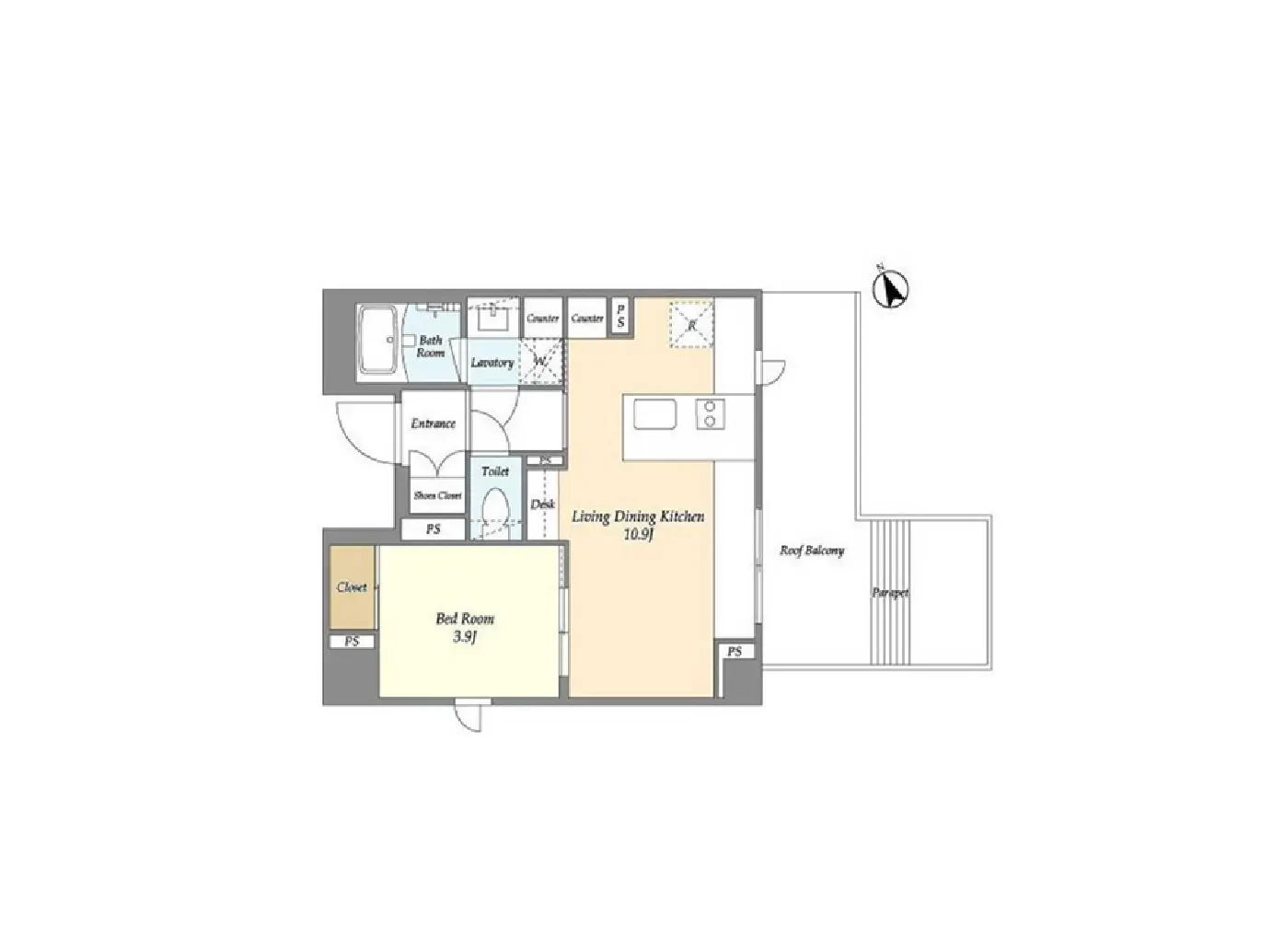 - 1LDK間取り図、リビングダイニングキッチン、寝室、バスルーム、トイレと収納スペースが配置された間取りの設計図