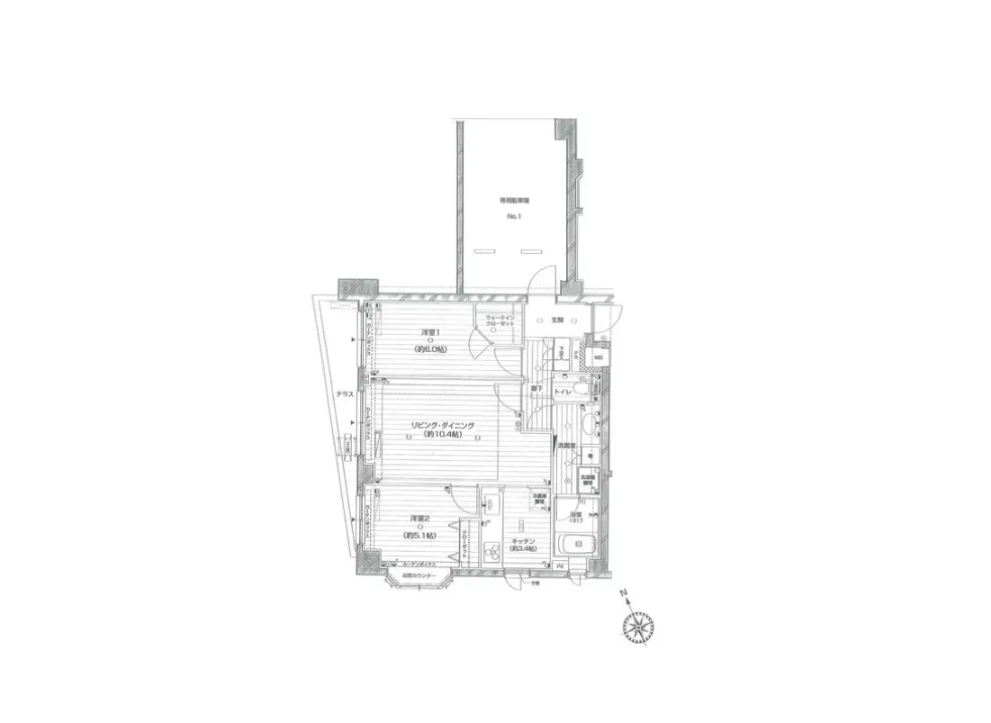 - 2LDKの間取り図、リビング・ダイニング、キッチン、浴室、トイレ、洗面所の配置を示した設計図