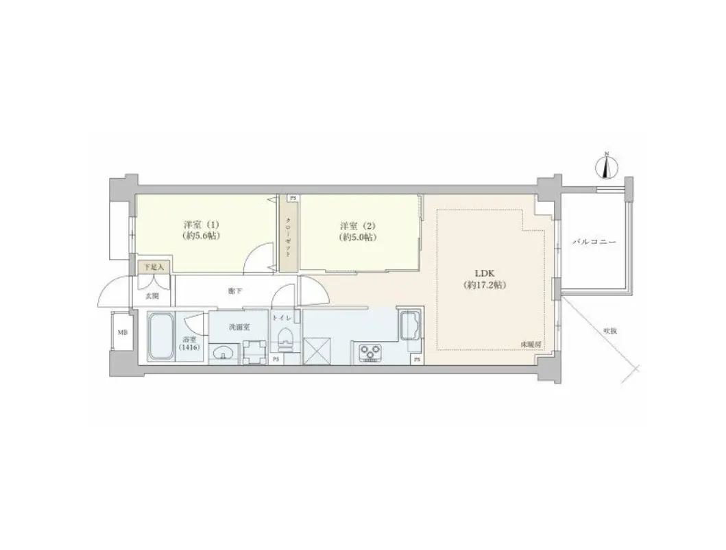 - 間取り図、2つの洋室と広々としたLDKを含むマンションのレイアウト、バルコニーと水回りの配置が示された設計図