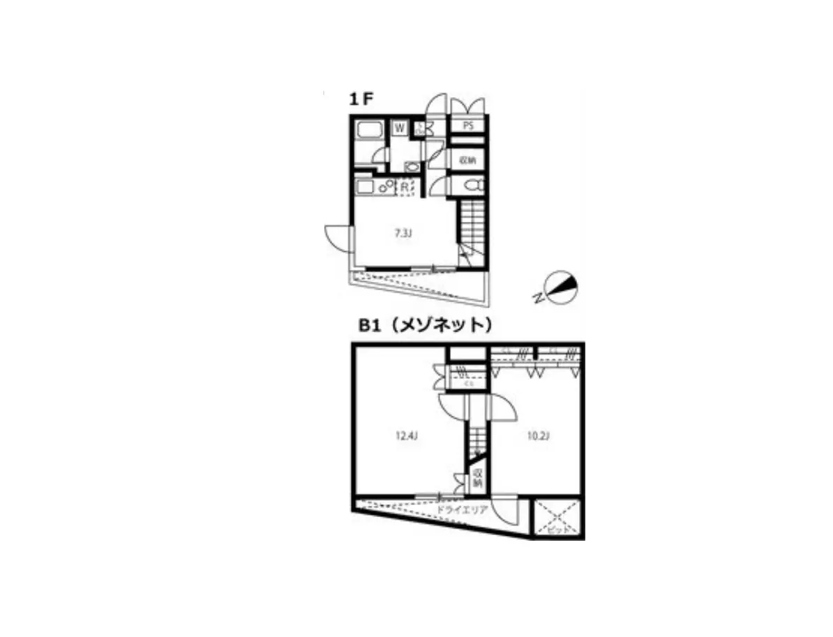 - 1階と地下1階の間取り図、各部屋のサイズと配置が記載された住宅の設計図