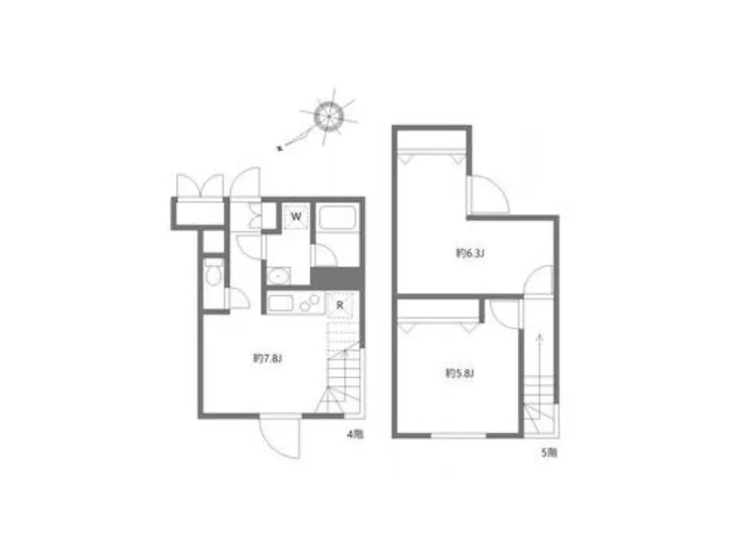 - 2階建ての住宅の間取り図、1階はリビング・ダイニング、キッチン、洗面所、2階は寝室とバスルームが配置された設計図