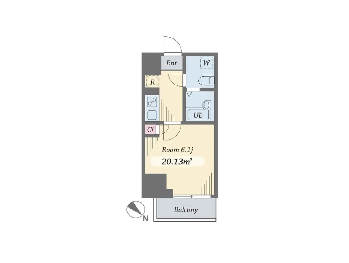 - コンパクトな間取り図、6.1畳の部屋、バルコニー、ユニットバス、収納スペースを含む設計図