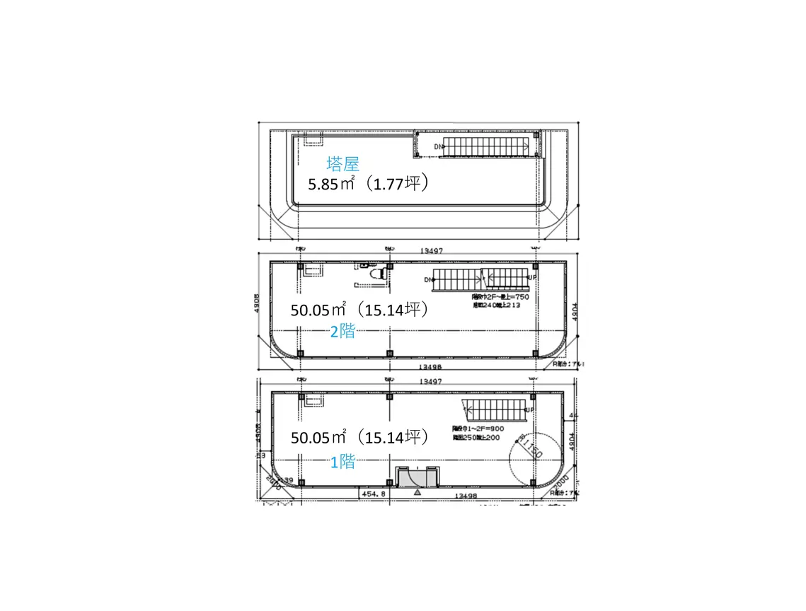 - 1階と2階の平面図、各階の面積や間取りの詳細、階段位置と室名が記載された建物の設計図