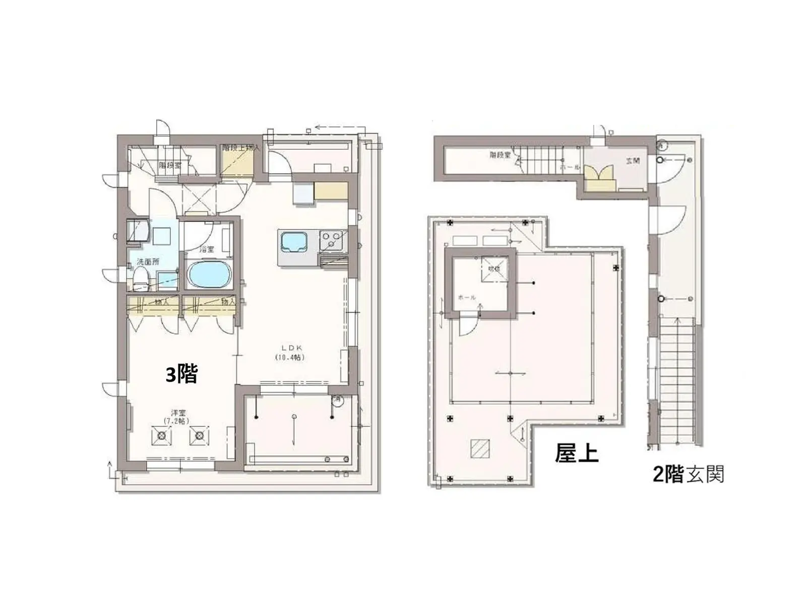 - 3階と屋上の間取り図、広々としたLDKや洗面所を含む、2階玄関へのアクセスを示したレイアウト