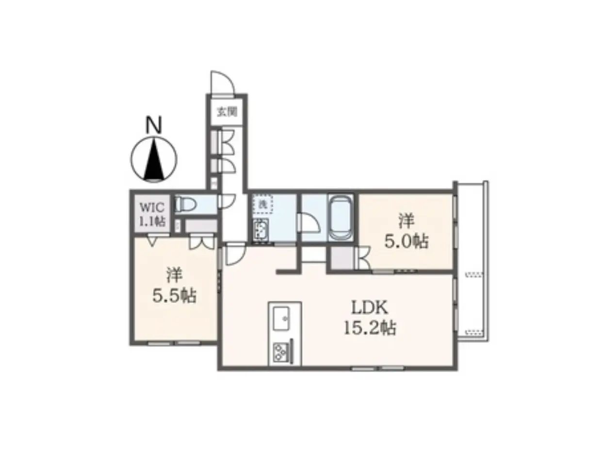 - 3LDKの間取り図、リビングダイニングキッチン(LDK)15.2帖、洋室5.5帖と5.0帖、ウォークインクローゼットとトイレの配置を示す図面