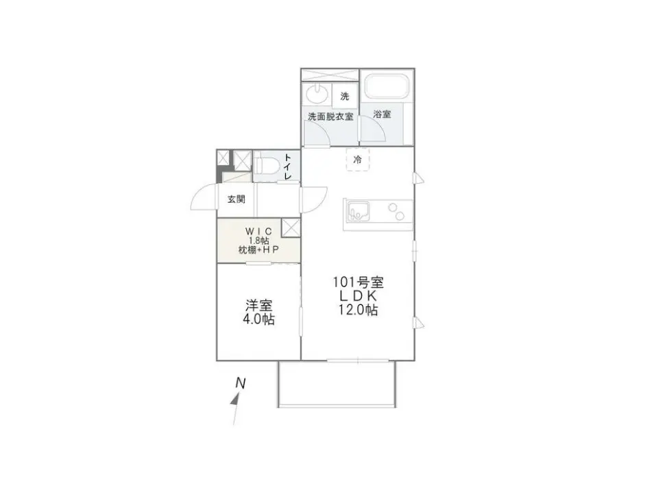 - 1LDKの間取り図、リビングダイニングキッチン(12.0帖)と洋室(4.0帖)、WIC(1.8帖)を含む詳細な間取り配置