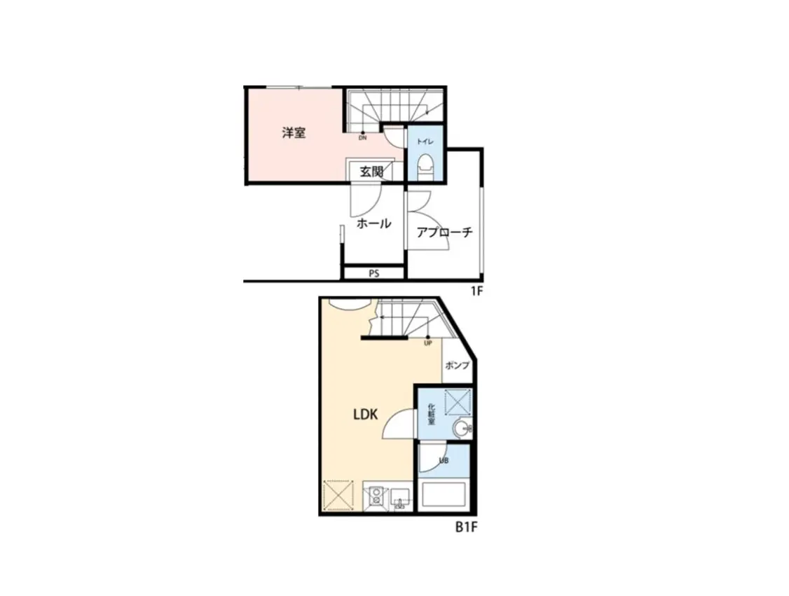 - 1階と地下1階の間取り図、洋室、LDK、トイレ、洗面所、アプローチ、ホール、収納スペースを含むデザイン