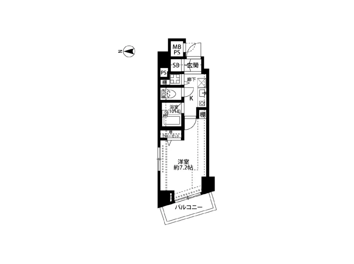 - 1LDKの間取り図、洋室約7.2帖、バルコニー付き、キッチンとバスルームの配置が示された設計図