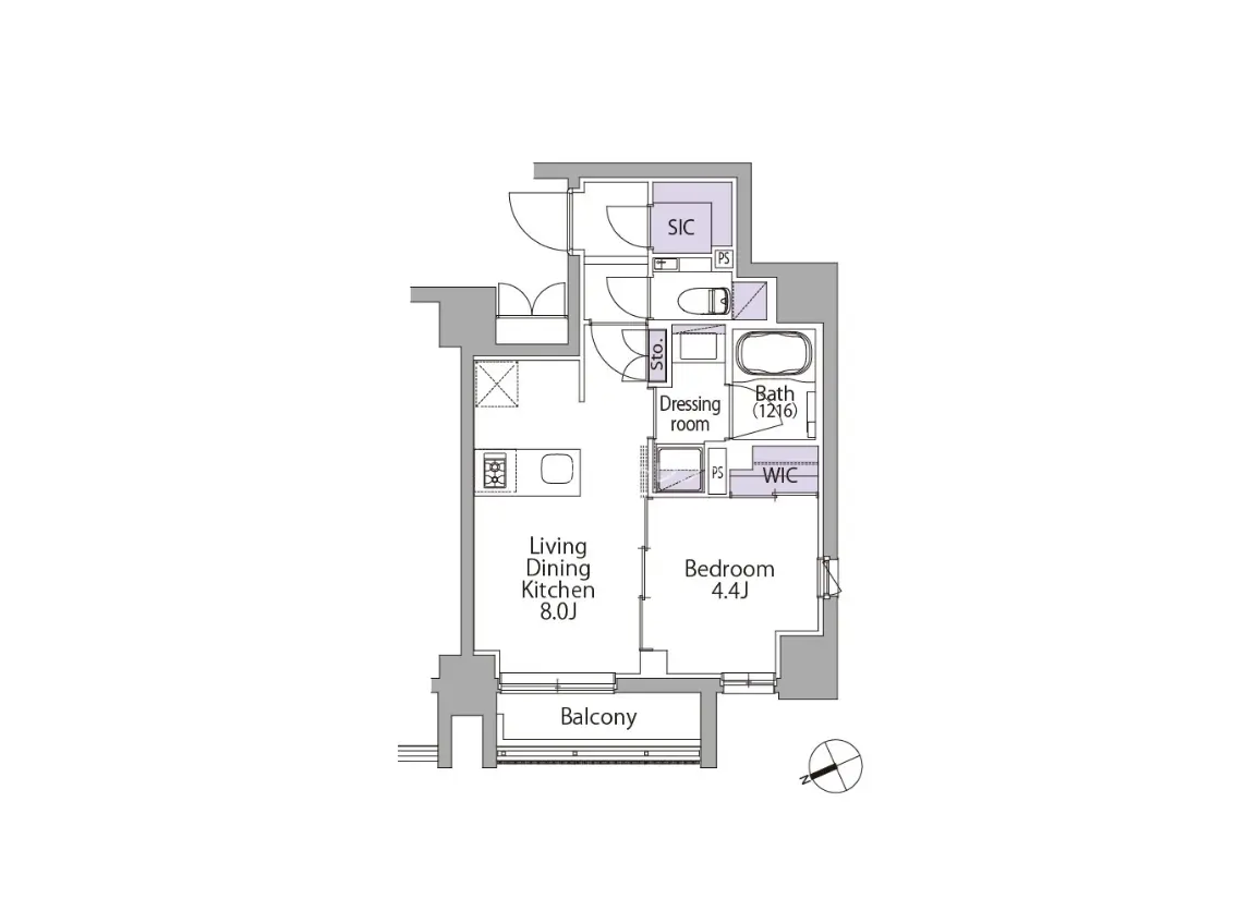 - リビングダイニングキッチン、寝室、バスルーム、クローゼットを含む間取り図、バルコニー付きの快適な住環境