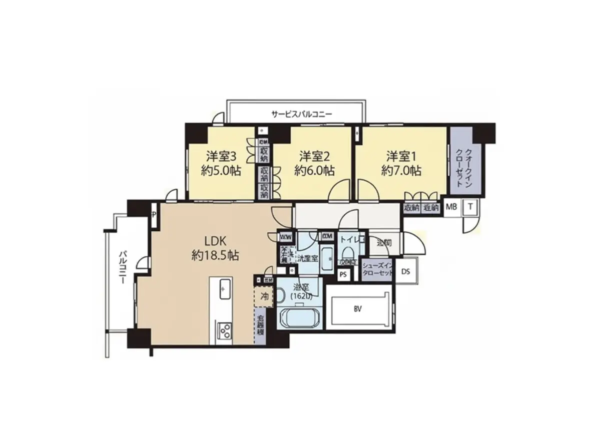 - 洋室3、洋室2、洋室1、LDKを含む平面図、各部屋の面積が明記された間取り図