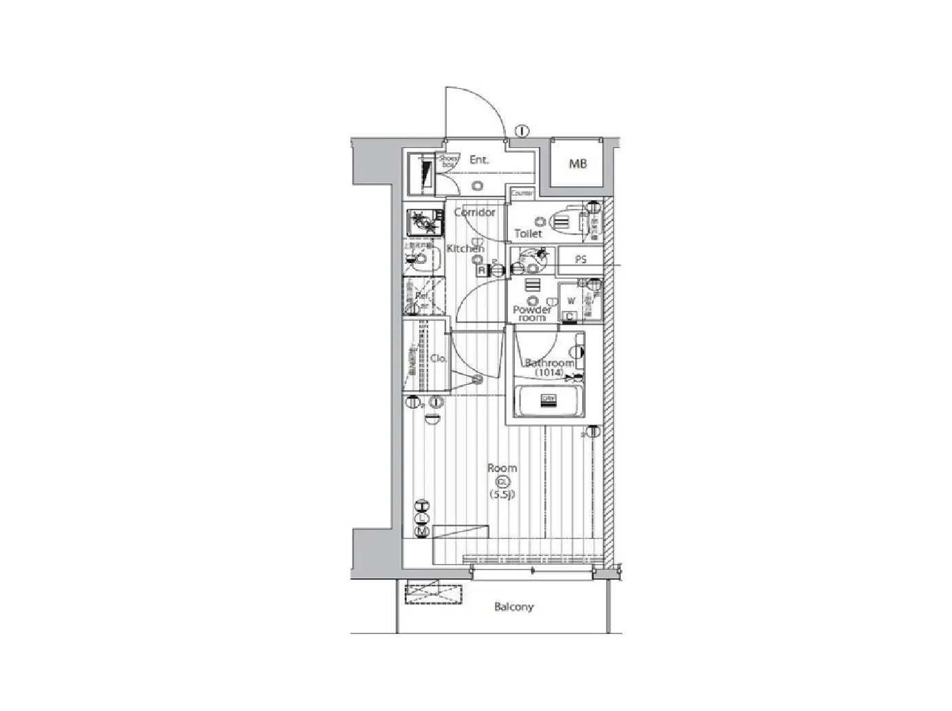 - 住居の間取り図、2つの部屋、バルコニー、キッチン、トイレと洗面所の配置が示された設計図