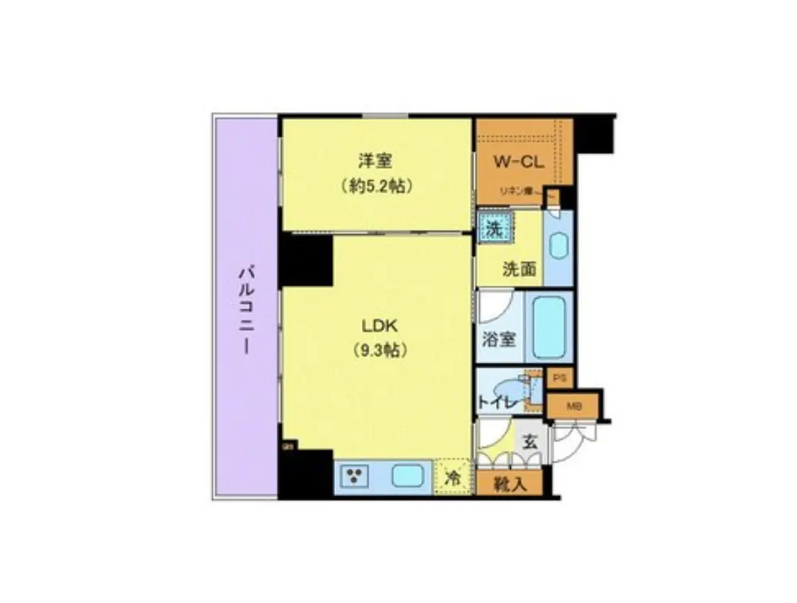 - LDK約9.3帖と洋室約5.2帖を含む間取り図、洗面、浴室、トイレ、玄関も配置された機能的な住居プラン