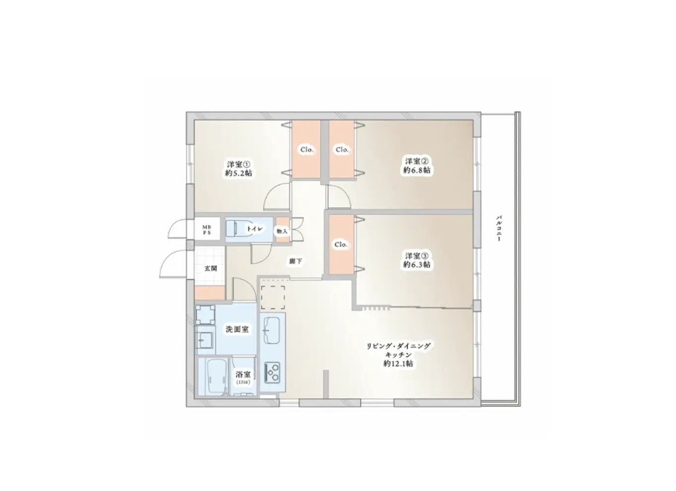 - 3LDKの間取り図、リビングダイニングキッチン約12.1畳、洋室3部屋の配置と各部屋のサイズ表示