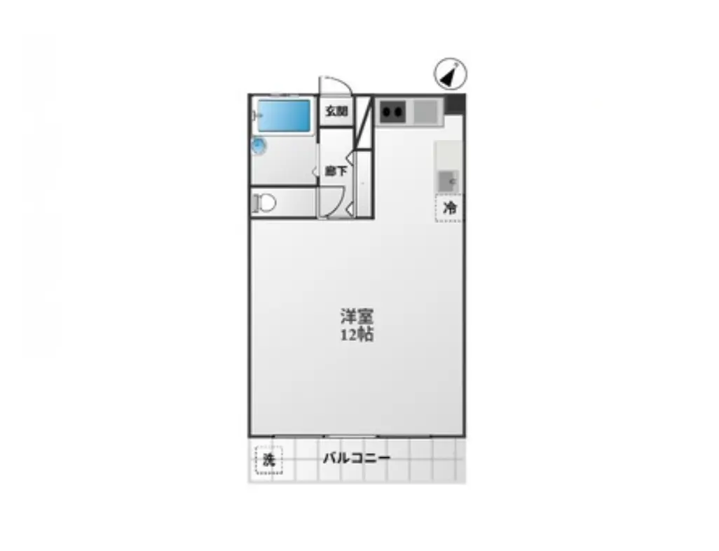 - 12帖の洋室間取り図、バルコニー、キッチン、浴室、洗面所、トイレの配置が示されたシンプルなレイアウト