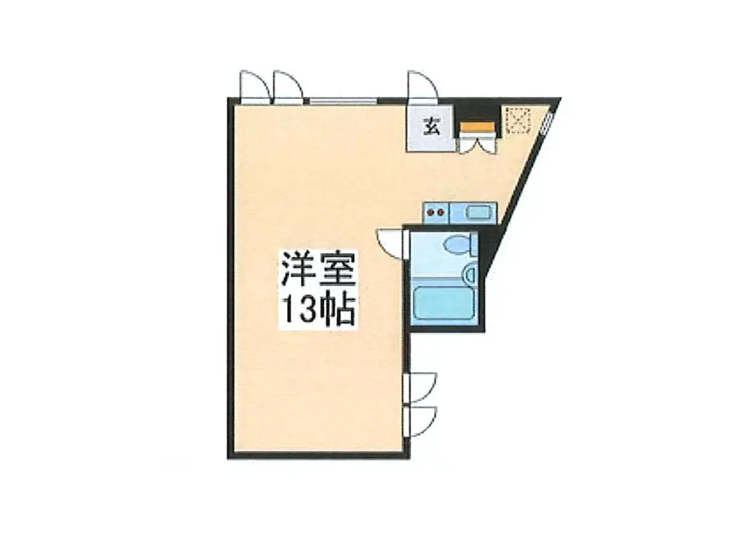 - 玄関、キッチン、浴室を備えた13帖の洋室の間取り図