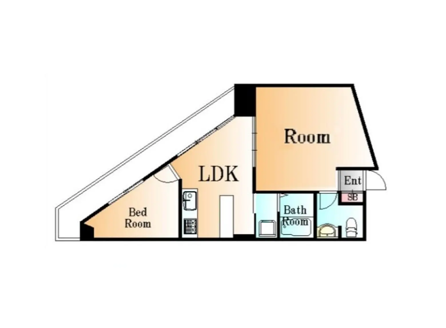 - LDK、寝室、バスルーム、エントランスを含む間取り図、シンプルで効率的なレイアウトのデザイン