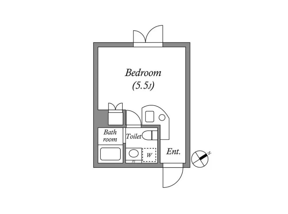 - 5.5畳の寝室とバスルーム、トイレ、エントランスを含む間取り図