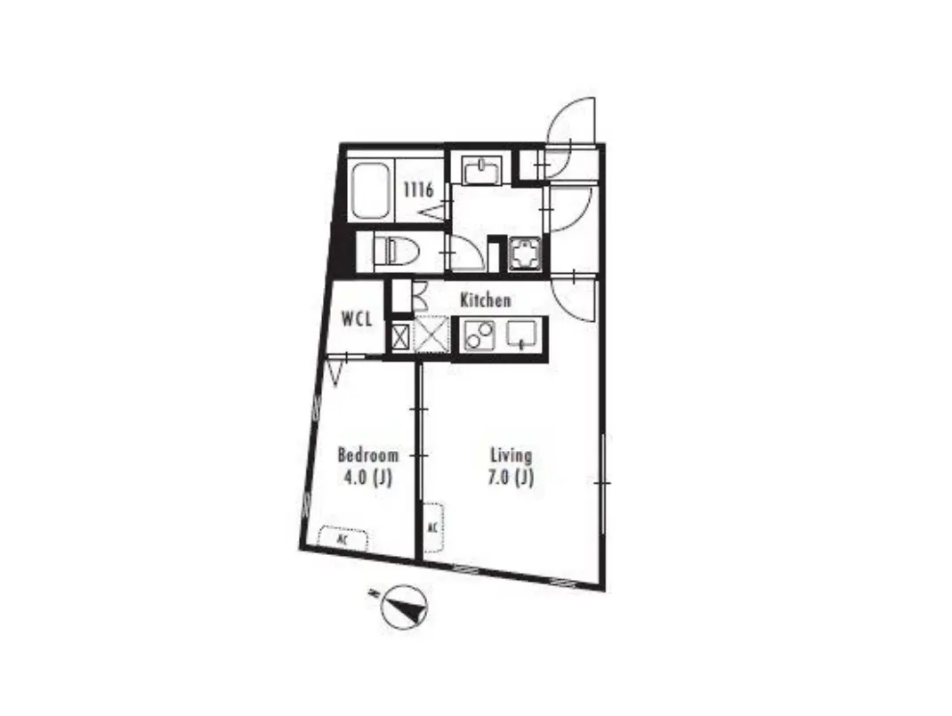 - 2LDKの間取り図、各部屋のサイズが記載されているシンプルで機能的なレイアウト