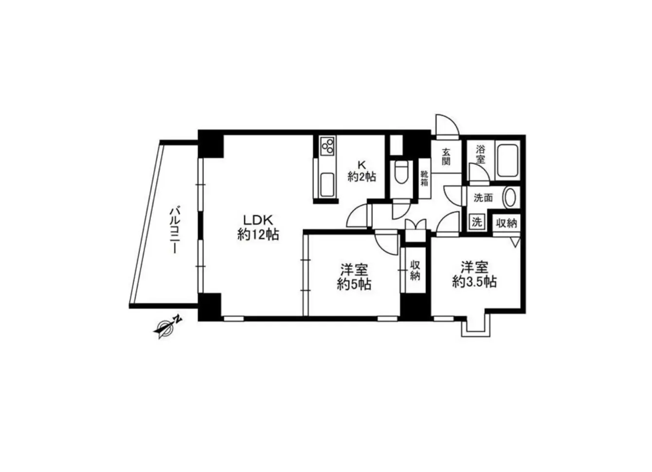 - 住宅の間取り図、LDK約12帖、洋室2部屋、キッチン、バルコニー、収納スペースを含む設計図