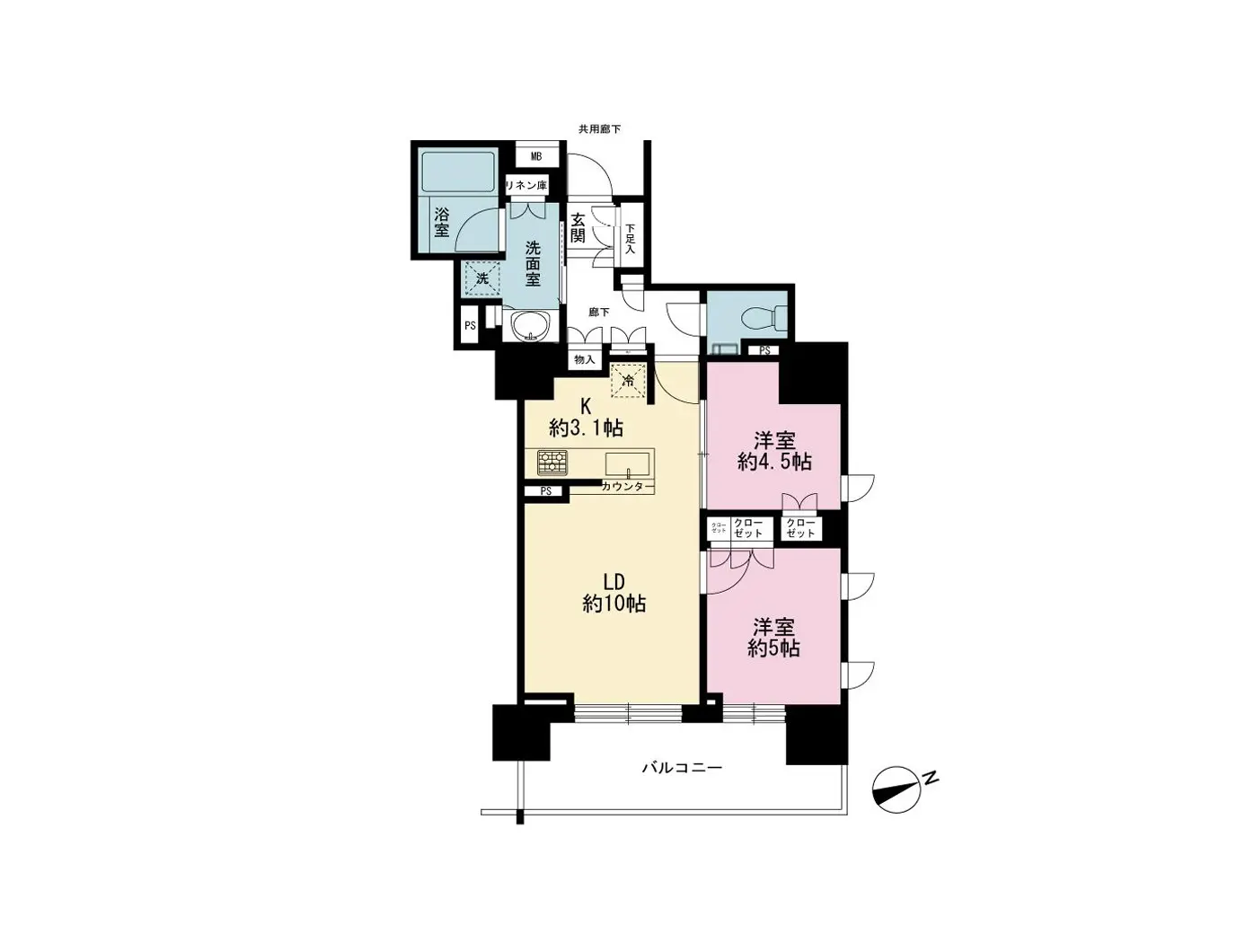 - 2LDKの間取り図、リビングダイニング約10帖、キッチン約3.1帖、洋室2部屋(約4.5帖と約5帖)、浴室と洗面室、バルコニー付きのレイアウト。