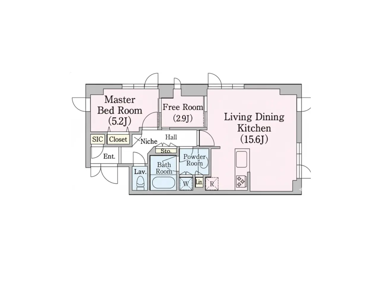 - 間取り図、主寝室(5.2畳)、フリールーム(2.9畳)、リビングダイニングキッチン(15.6畳)、浴室や洗面所を含む詳細なレイアウト