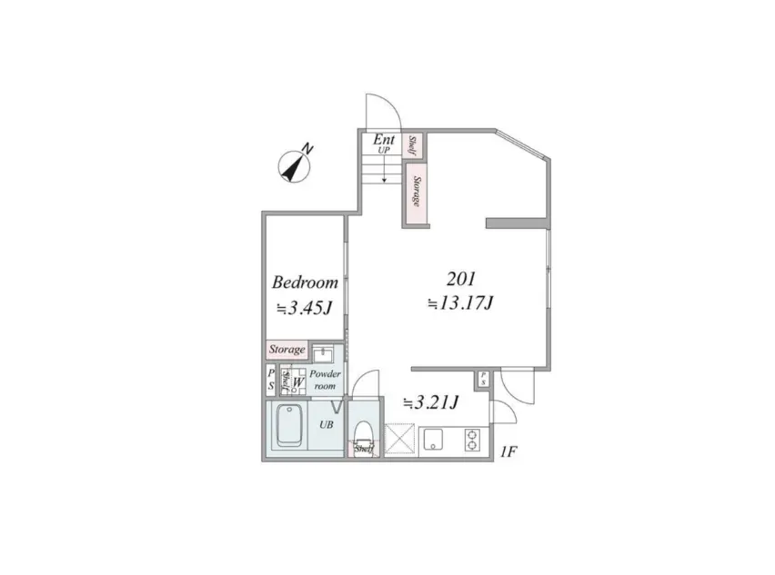 - 1LDKの間取り図、寝室とリビング、収納スペース、洗面所および浴室を含むレイアウト