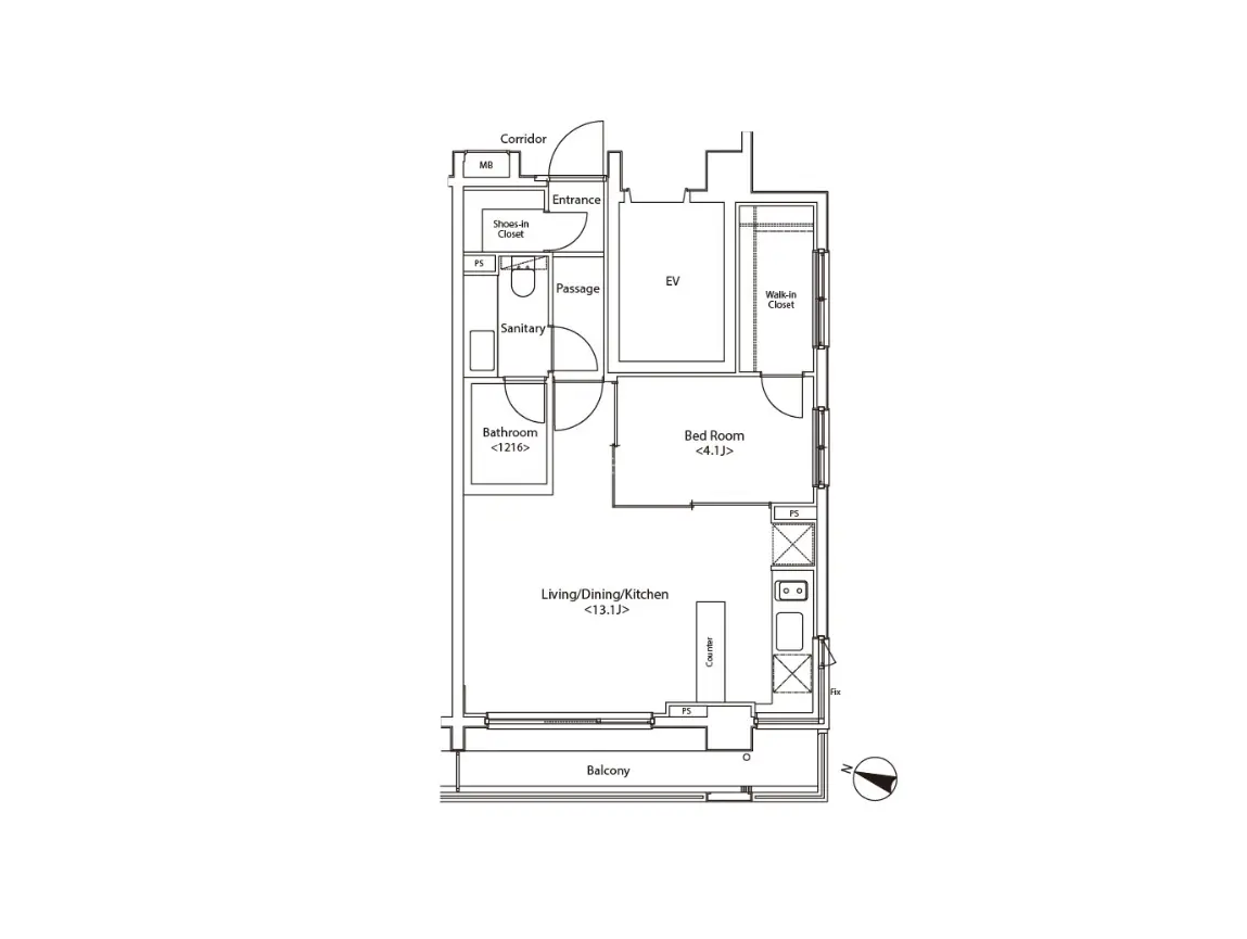 - 各部屋の配置が示された住宅の間取り図、リビング・ダイニング・キッチンやベッドルーム、バルコニーの位置が明記されている