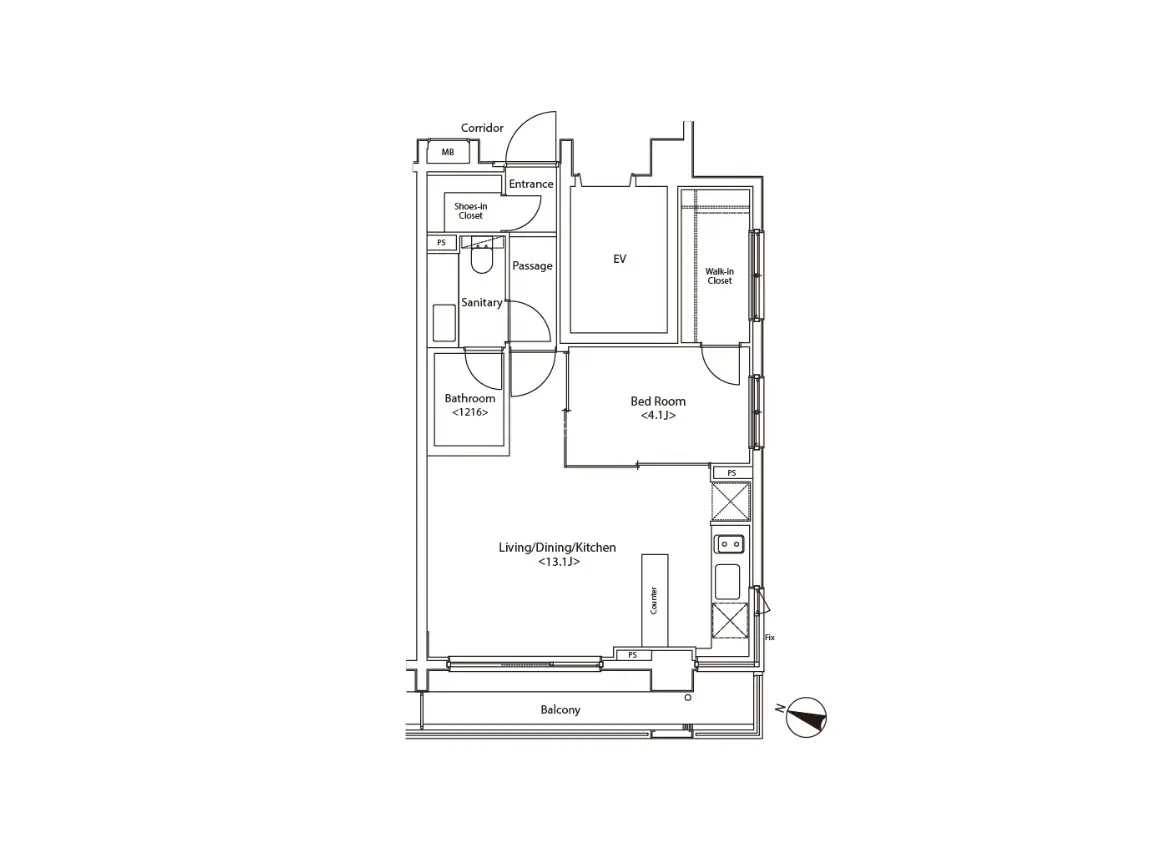- 間取り図、リビング・ダイニングキッチン、寝室、バスルーム、廊下の配置が示された平面図