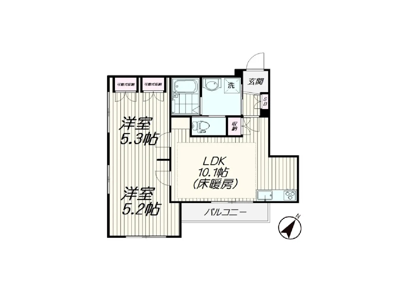 - スペース利用の工夫が感じられる間取り図、LDKは広々とした10.1帖、洋室は5.2帖と5.3帖の2部屋、洗面所とトイレが隣接する配置。