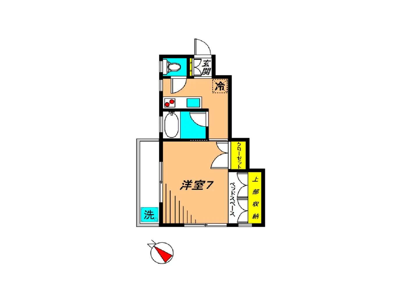 - 洋室7の間取り図、バスルーム、トイレ、洗面所、クローゼット、収納スペースを含むシンプルなレイアウト