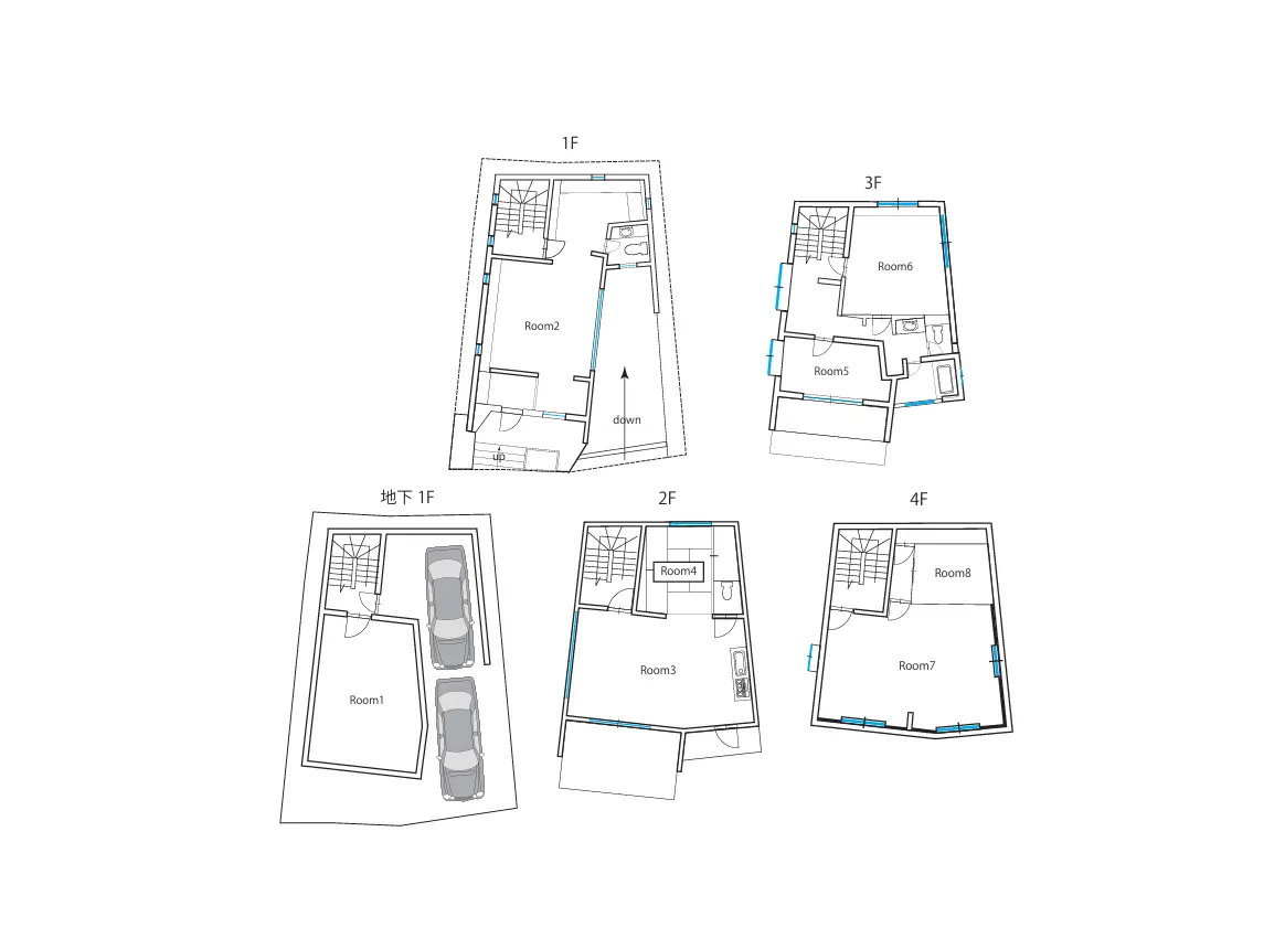 - 住宅のフロアプラン、地下1階から4階までの間取り図、部屋番号や階段の位置を示す詳細な図面