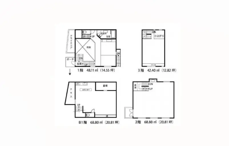 3階建ての家の間取り図、地下1階、1階、2階、3階の各部屋の広さと配置が記載された図面