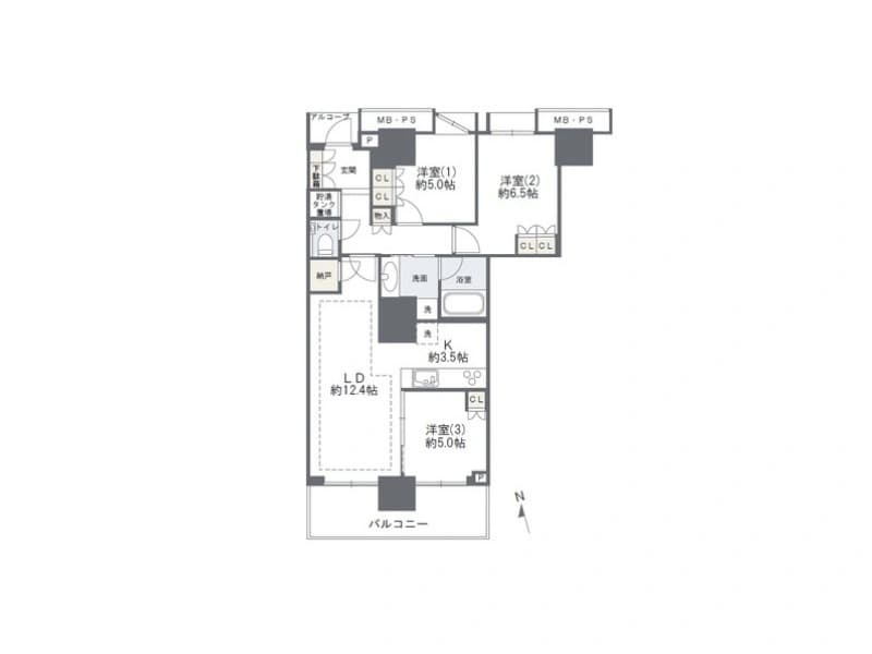 - 間取り図の平面図、3LDKの分布とバルコニーが見える住宅配置、LDK約12.4帖・洋室約5.0帖・約6.5帖・約5.0帖、洗面室や浴室、収納スペース、北を示す方位マークあり