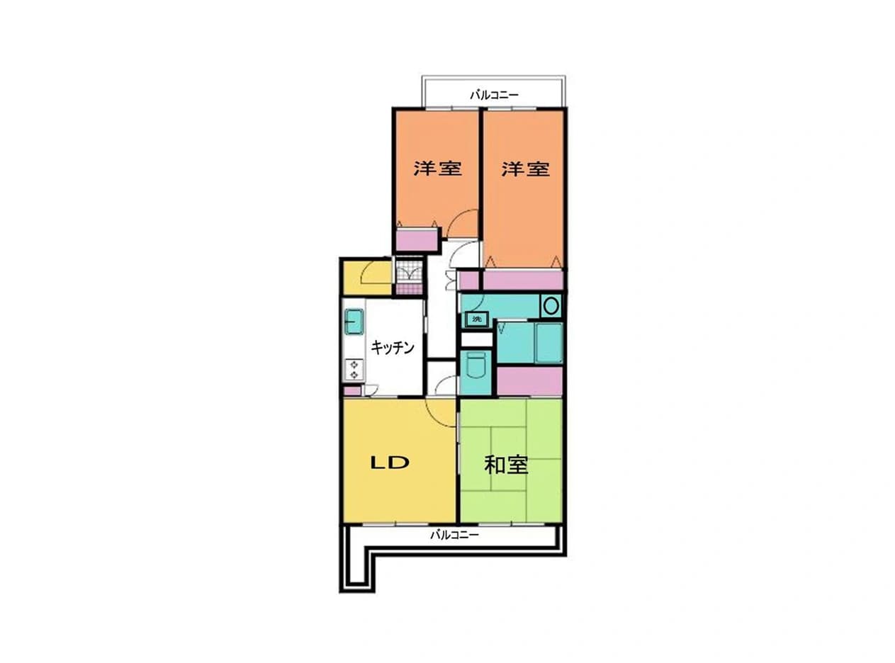 - 間取り図のマンション平面図、リビングダイニング(黄)と和室(緑)、キッチン(白)、バルコニー付き、洋室(オレンジ)が上部に配置された居室配置図