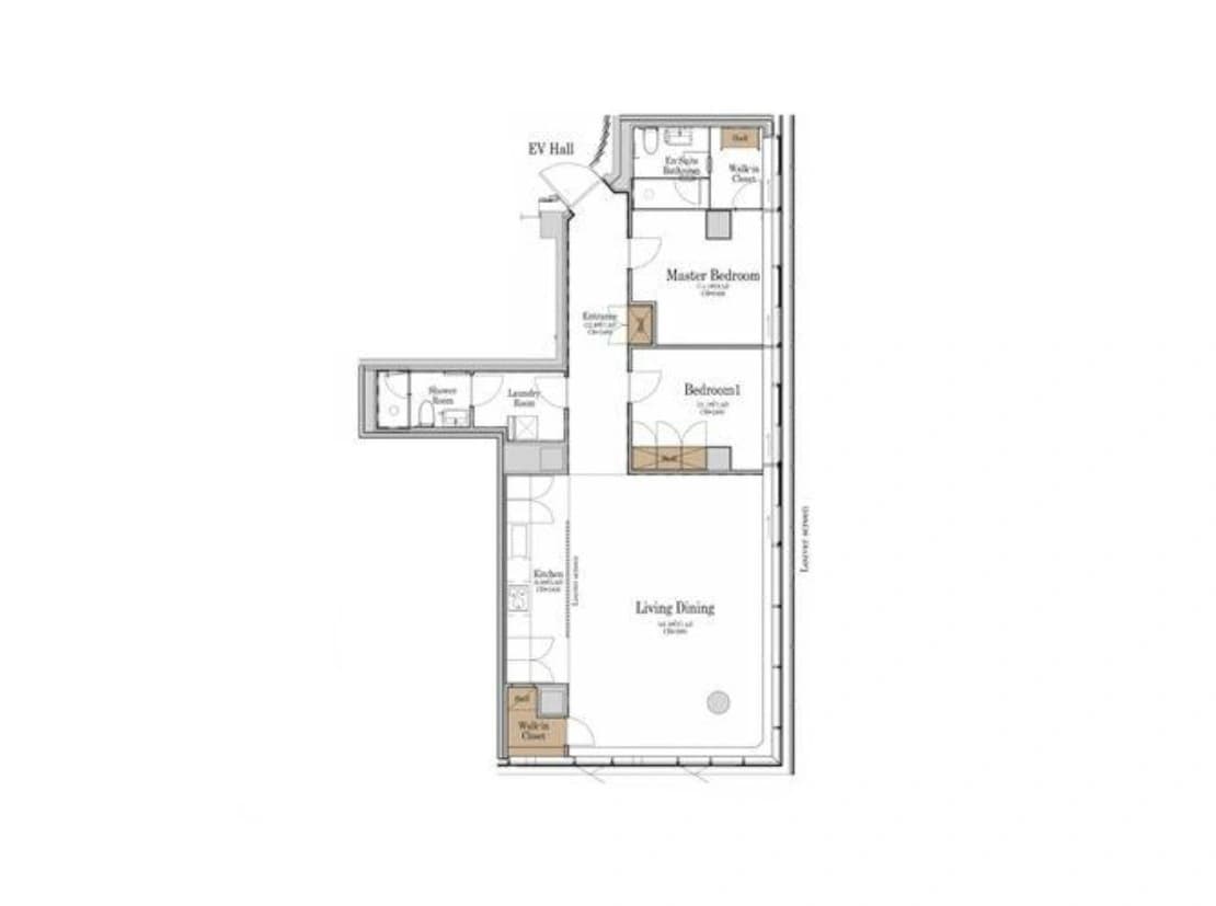 - 高層マンションの間取り図。リビングダイニングを中心に、キッチン、洗濯室、ランドリールーム、2つの寝室(マスターベッドルームとベッドルーム)、廊下と各部屋の扉が配置された平面図