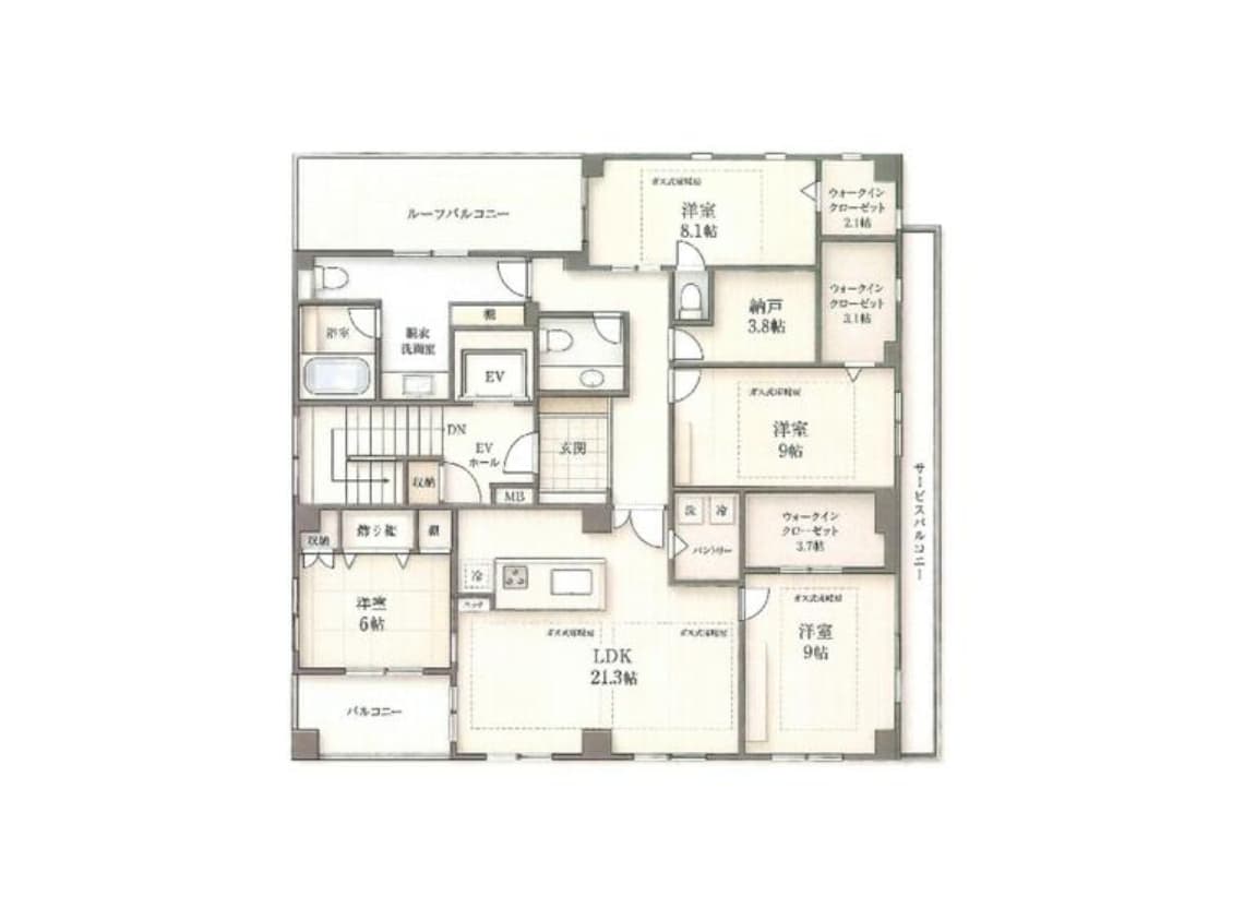 - 4LDKの間取り図、リビングダイニングキッチン(21.3畳)を中心に、各部屋とバルコニーが配置された日本風の住宅平面図