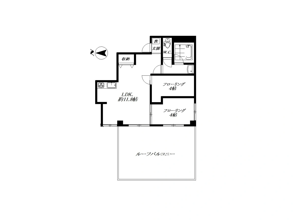 - 2LDKの間取り図、リビングダイニングキッチン約11.8帖と洋室2部屋が並ぶ間取り、ルーフバルコニーへ出入りする動線を持つ日本風の平面図