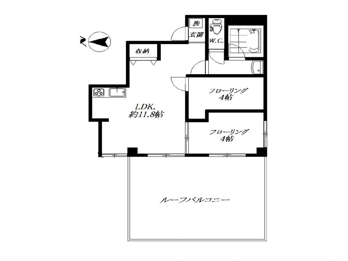 - 間取り図、LDK約11.8帖と2部屋のフローリング居室、ルーフバルコニーへ広がるマンション平面図