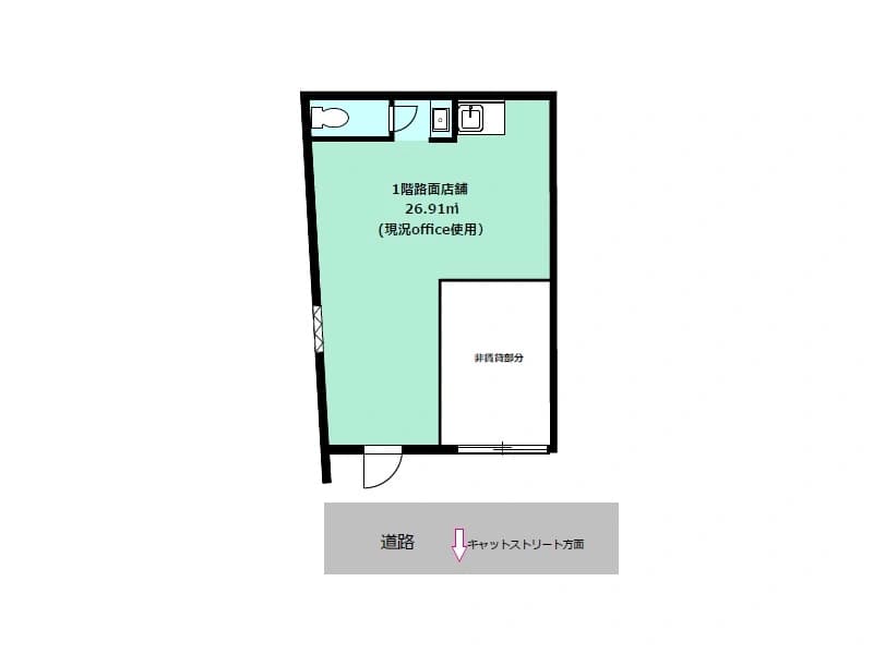 - 1階商店店舗の間取り図、現況オフィス使用エリア26.91㎡、左上にトイレと洗面台、右上にシンク、中央部に空間、下部に出入口と道路表示、キャットストリート方面の案内矢印あり
