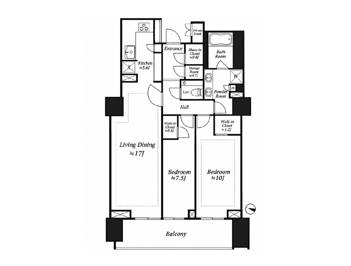 - 2LDKマンションの間取り図、リビングダイニング17畳と2つの寝室、バルコニーへと繋がる通路と各部屋の収納スペース、キッチン・浴室・トイレなどの水回りが配置された平面図