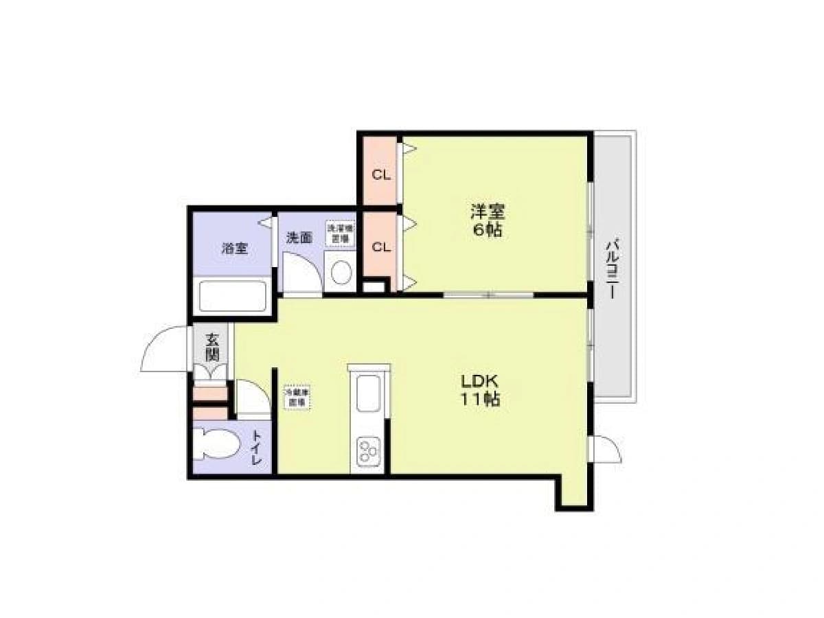 - 1DKの間取り図、玄関・トイレ・浴室・洗面所・LDK11畳と洋室6畳、バルコニー付きのマンション平面図
