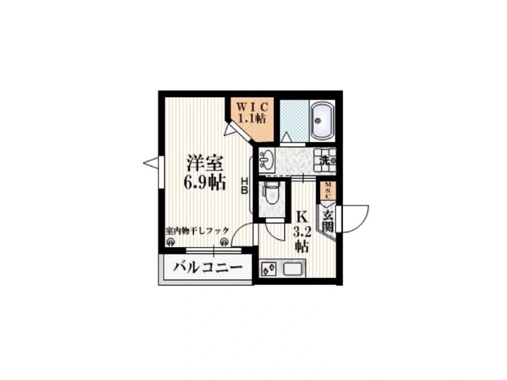 - バランスのとれた間取りの1DKタイプの間取り図、洋室6.9帖とキッチン3.2帖、バルコニー・WIC1帖・浴室・トイレ・玄関が配置された日本の賃貸住宅の平面図