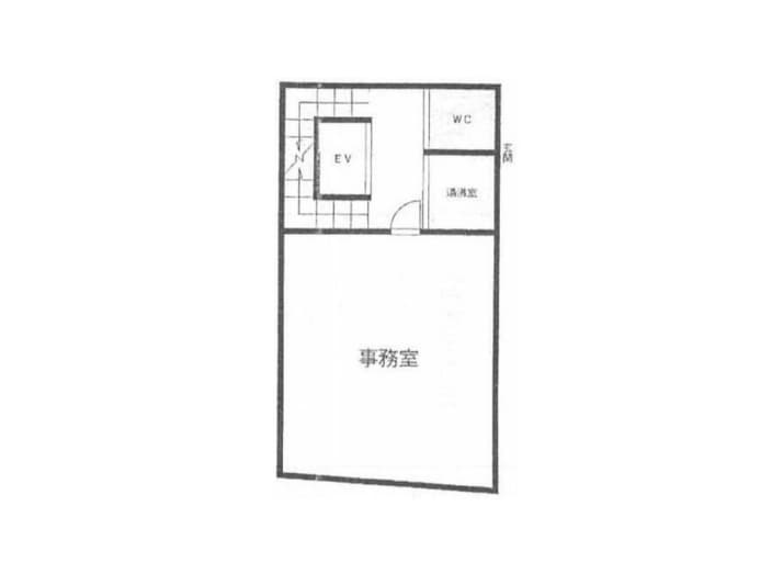 - 事務室と小さな共用設備が配置されたビルの平面図、エレベーター・WC・湯沸室の位置が示されたオフィスフロアの間取り図